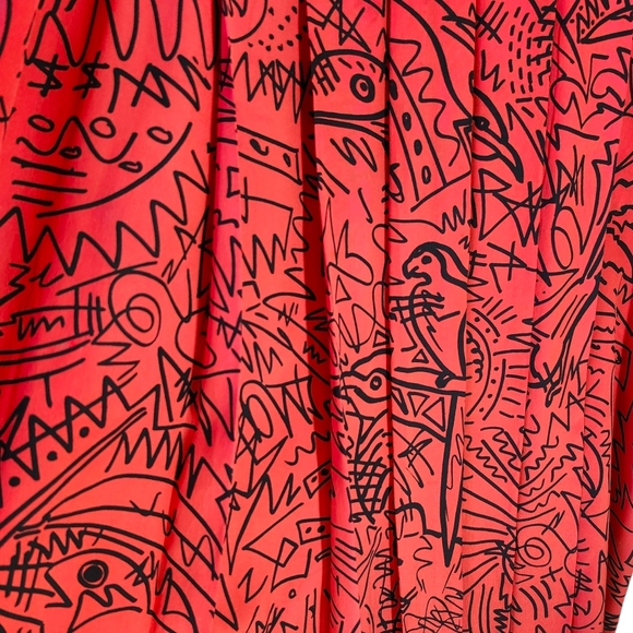 Vintage 100% Silk Red Pleat Front Midi Skirt Abstract Pattern size 12 - Picture 2 of 7